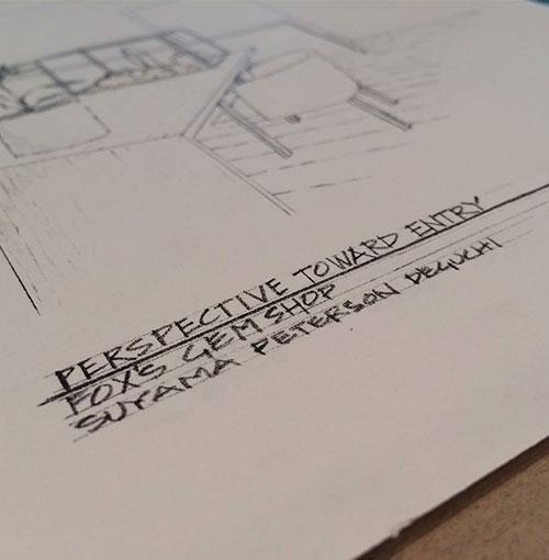 Architectural drawing of inside of new store reading, Perspective toward entry, Fox's Gem Shop, Suyama Peterson Deguchi