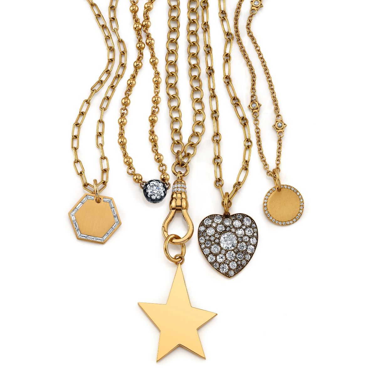 multiple chains and pendants on white background