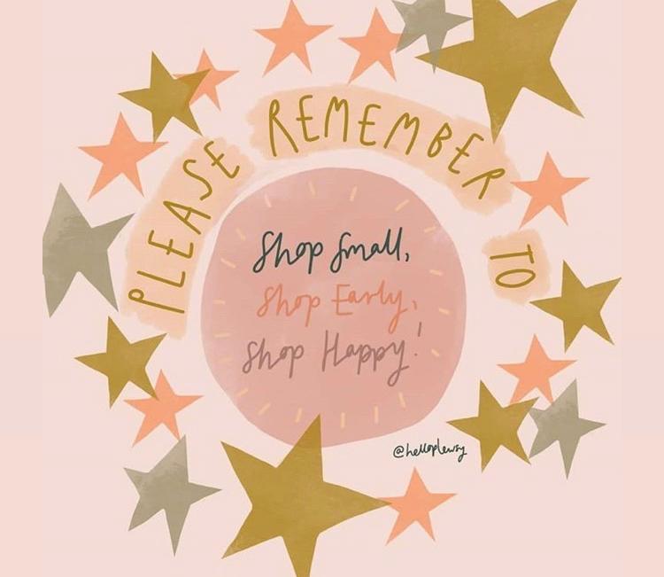 Pink, gold, silver stars with words saying to shop small and local this holiday season