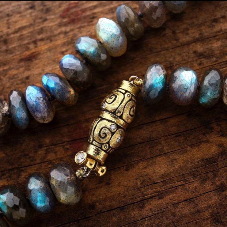 Alex Sepkus laborite bead necklace with seashell clasp on wood