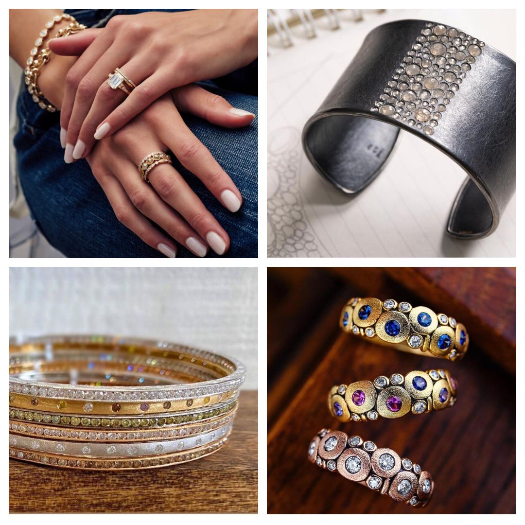 4 jewelry images. Upper left:two hands crossed with rings and bracelets. Upper right: silver cuff bracelet with diamonds. Lower left: stack of multicolored diamond bracelets. Lower Right: 3 gold rings on a wood background