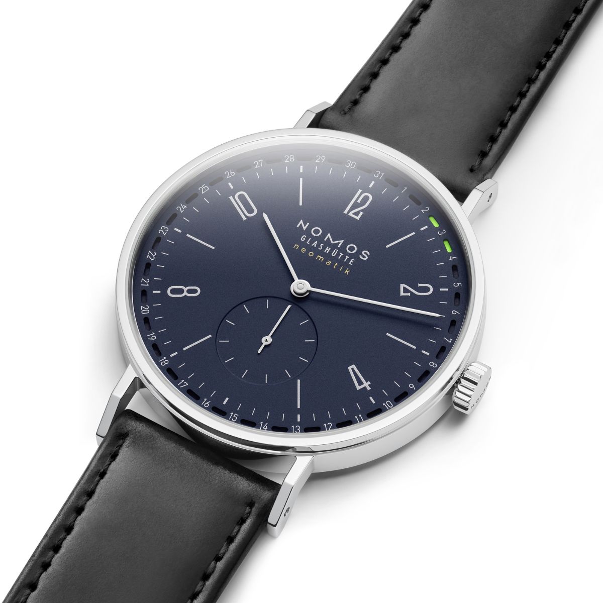 Nomos Midnight Update. Blue dial with electric green date indicator.