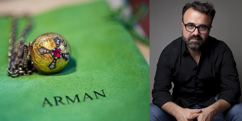 on left: yellow gold ball pendant with silver and ruby accents on green background with the words "Arman": on right photo of a man in all black