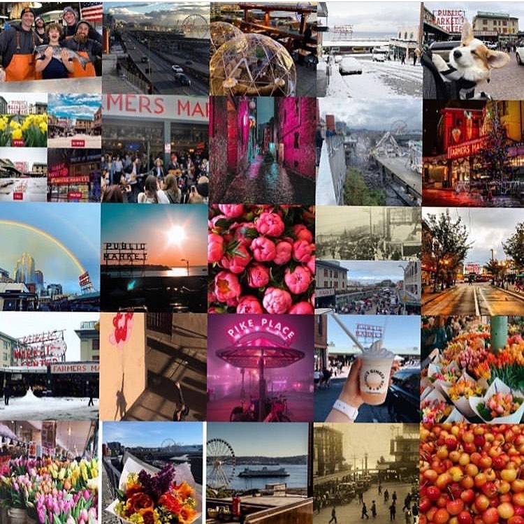 mosiac of colorful images from around the market, including flowers, the mountains, coffee cups and more
