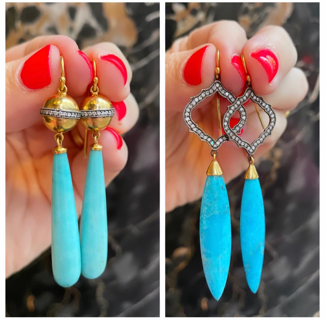 two images: both are turquoise and diamond silver and gold earrings being held in front of black marble