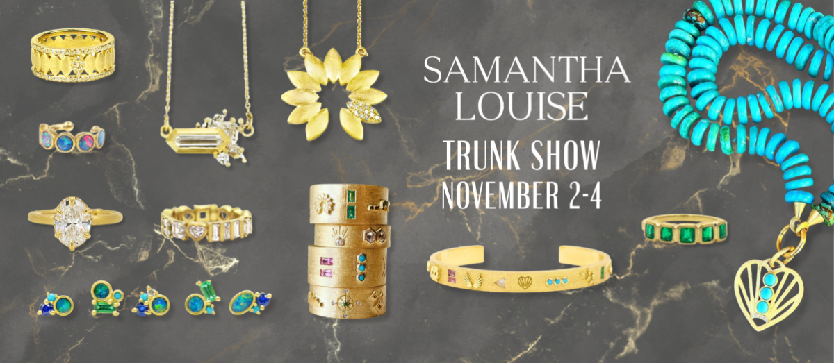 grey marble background with gold jewelry all over with the words "Samantha Louise Trunk Show November 2-4"