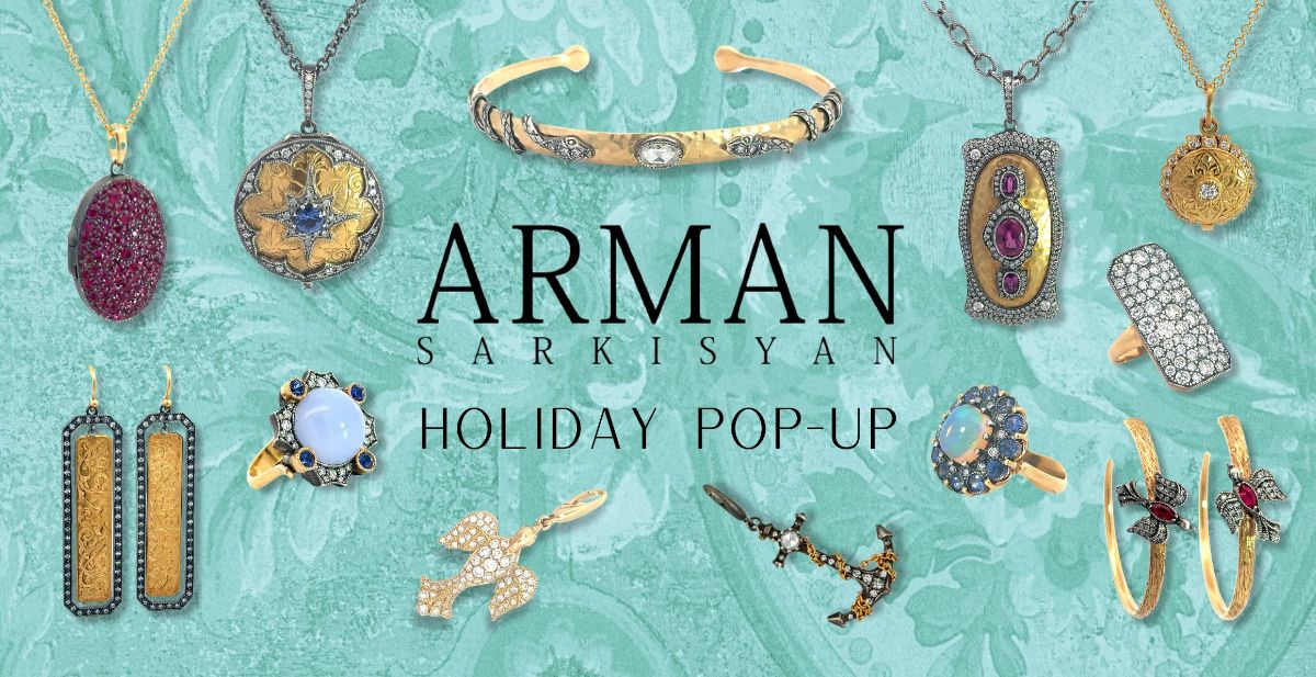 Blue background with gold and silver jewelry all around the words "Arman Sarkisan Holiday Pop-Up"