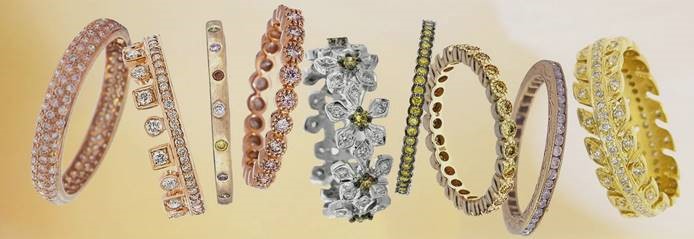 Sethi Couture gold and silver eternity band rings. The image shows options in yellow gold, rose gold, silver