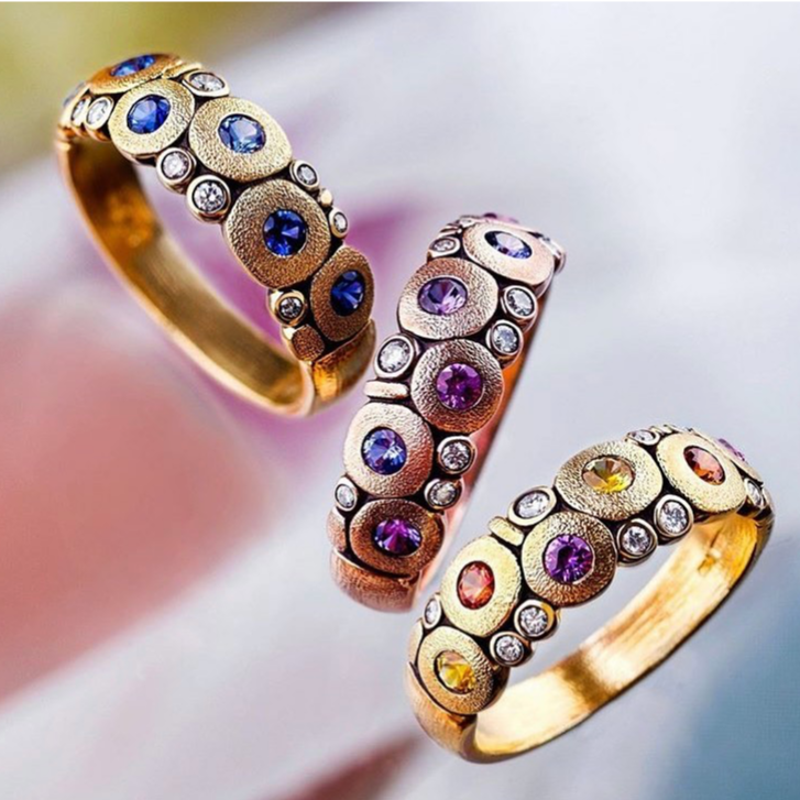 Alex Sepkus handmade carved platinum, 18K yellow, and rose gold rings with sapphires and diamonds