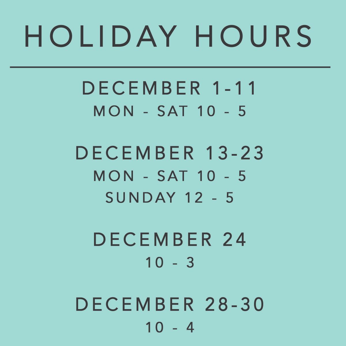 light blue background with black writing saying "Holiday hours: December 1-11 Monday through Saturday 10-5 December 13-23 Mon - Sat 10-5 Sun 12-5 December 24 10-3 December 28-30 10-4"