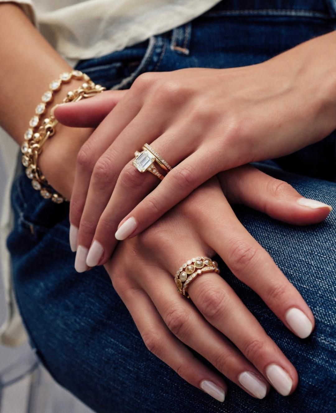two hands folded. One with an engagement ring and the other with rings and multiple bracelets