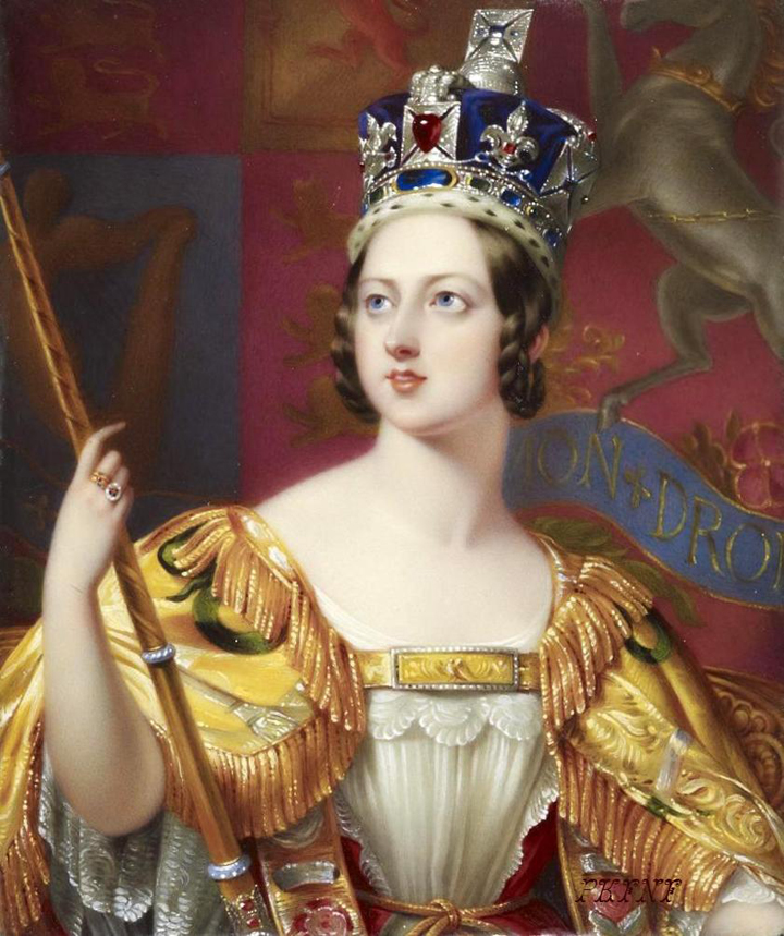 old fashioned painting of woman with a crown and scepter and rings 