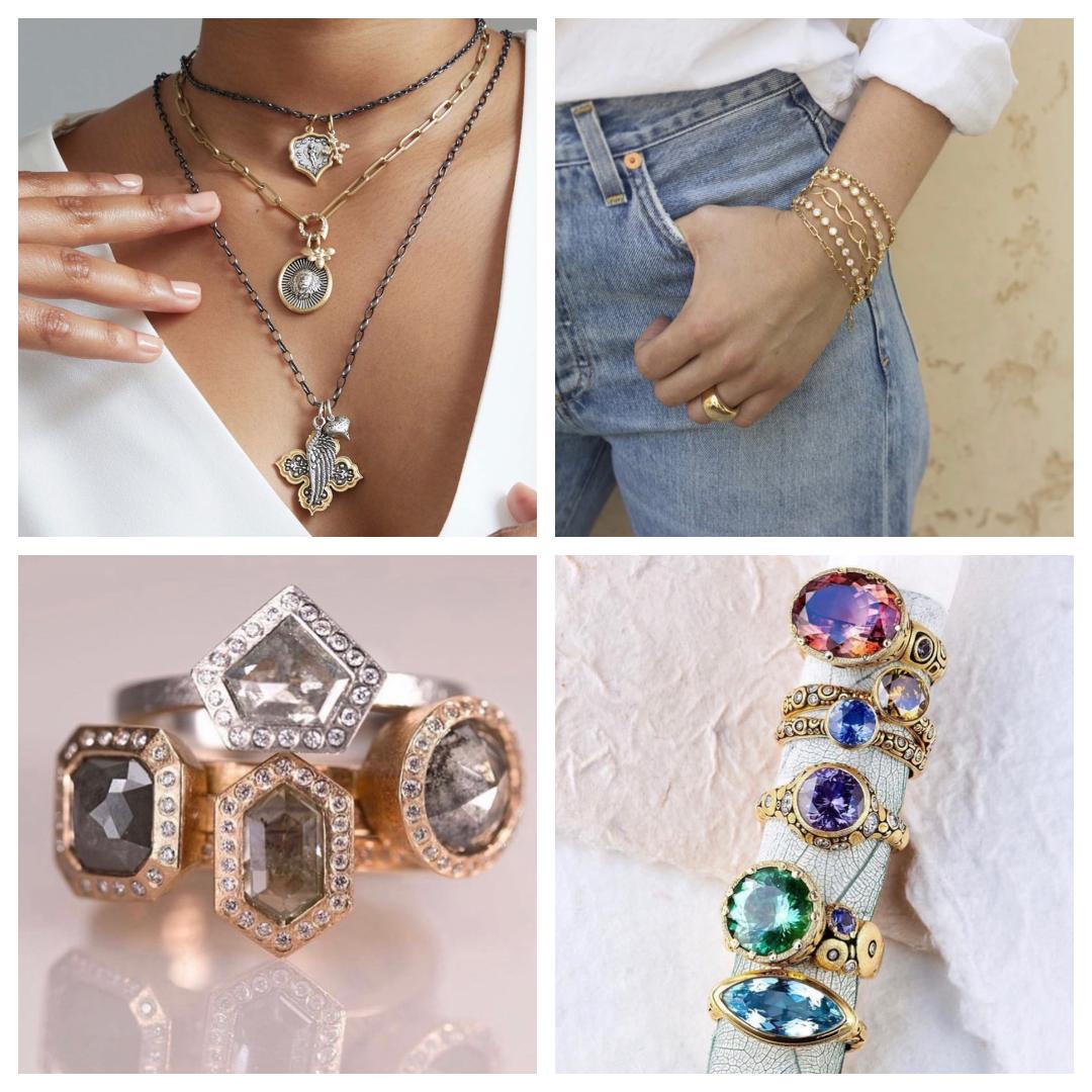 4 images of jewelry. Upperleft neck with 3 chains of charm necklaces. Upper right is close up on waist with wrist in jeans with 4 bracelets. Lower left stack of 4 rustic diamond rings in different metal colors. Lower left is 6 yellow gold rings with multiple colors and shapes.