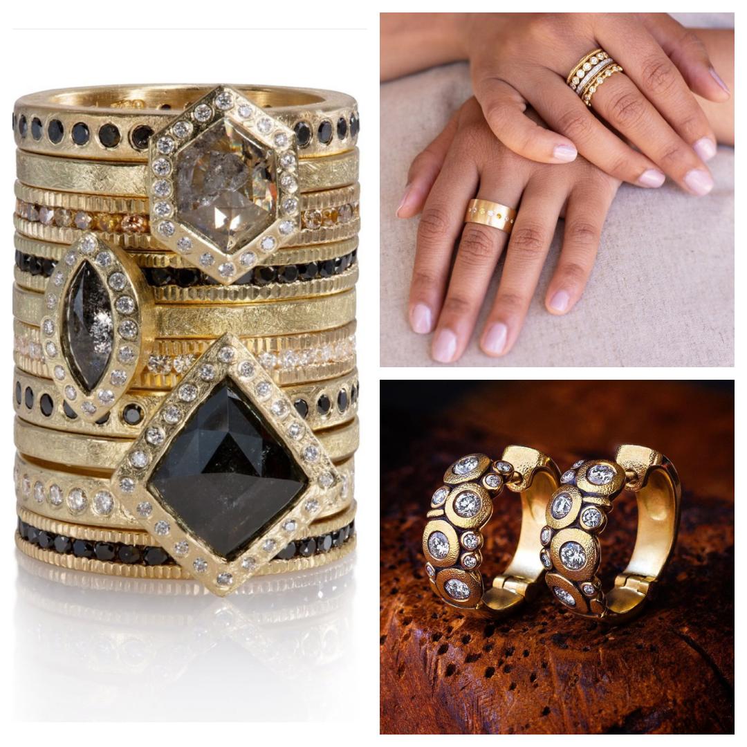 3 images: left is one tall stack of yellow gold and diamond rings; top right is two hands folded over each other with multiple ring; bottom right is gold and diamond earrings on wood
