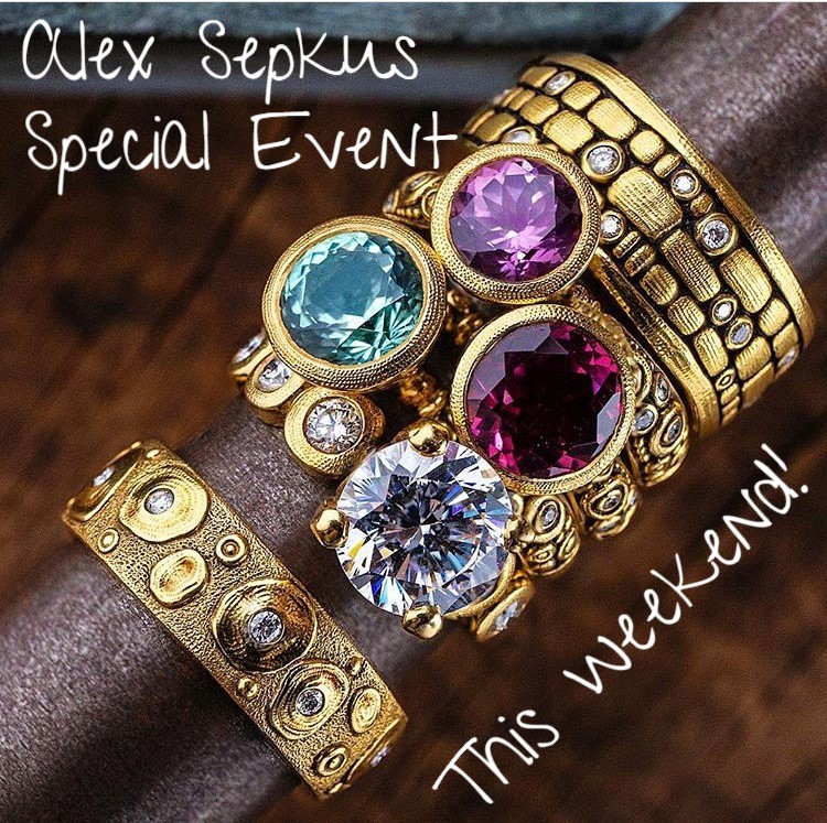 stack of yellow gold and gemstone rings with the words "Alex SEpkus Special Event This Weekend""