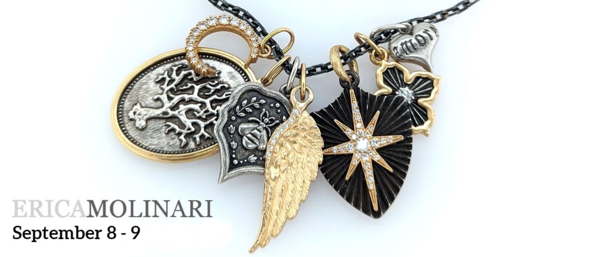 Erica Molinari gold and sterling silver charms on a black chain. The charms are a diamond crescent moon, bee, angel wing, star, four point ornate, and amore heart.