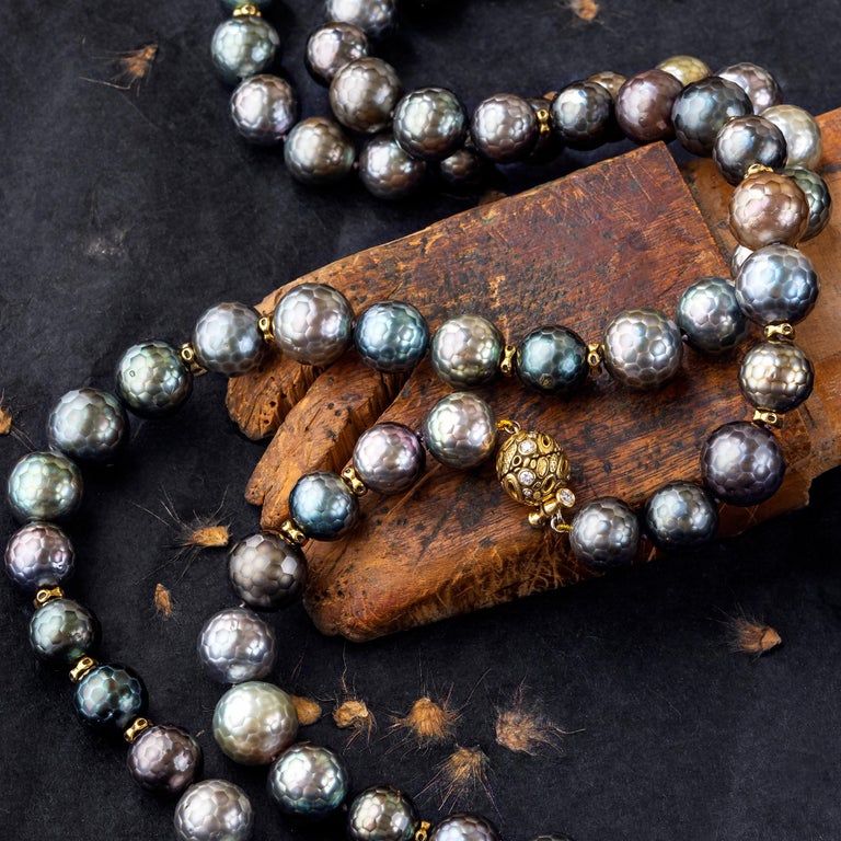 faceted pearl and diamond bead necklace with gold gold clasp