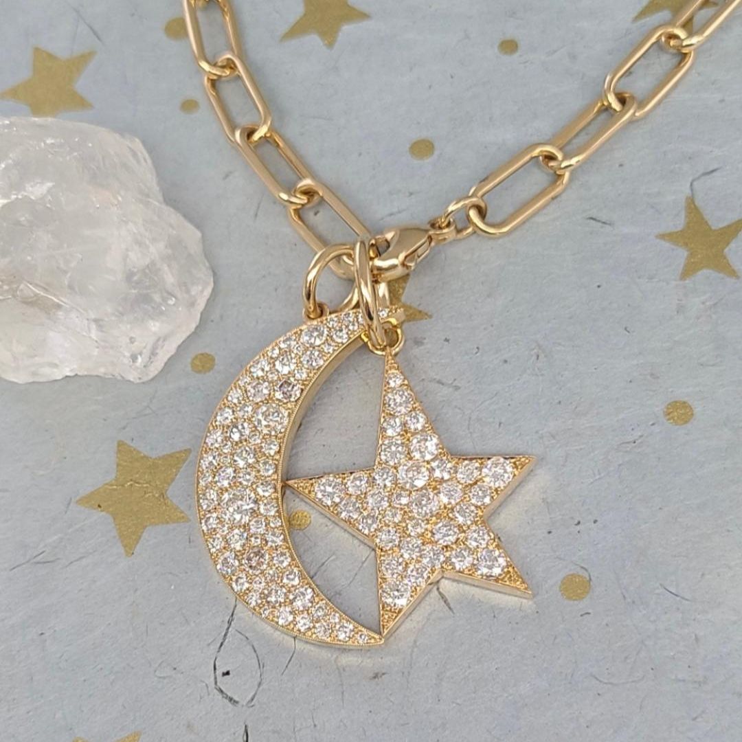 yellow gold oval chain necklace with large crescent moon and star with pave diamonds