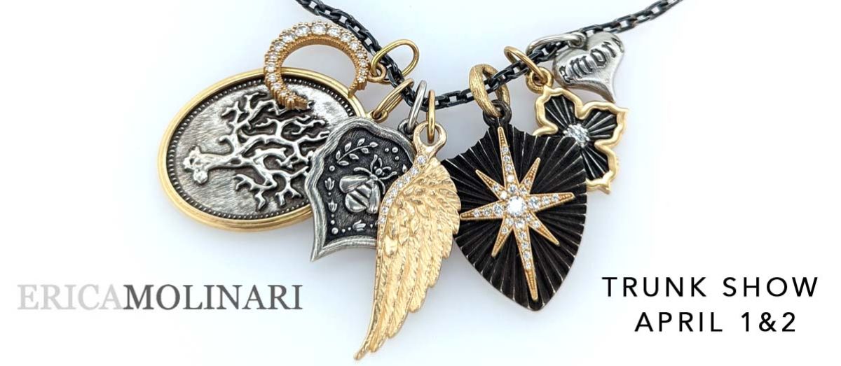 "Erica Molinari Trunk Show April 1-2" silver necklace with 5 charms in different shapes and in silver and gold