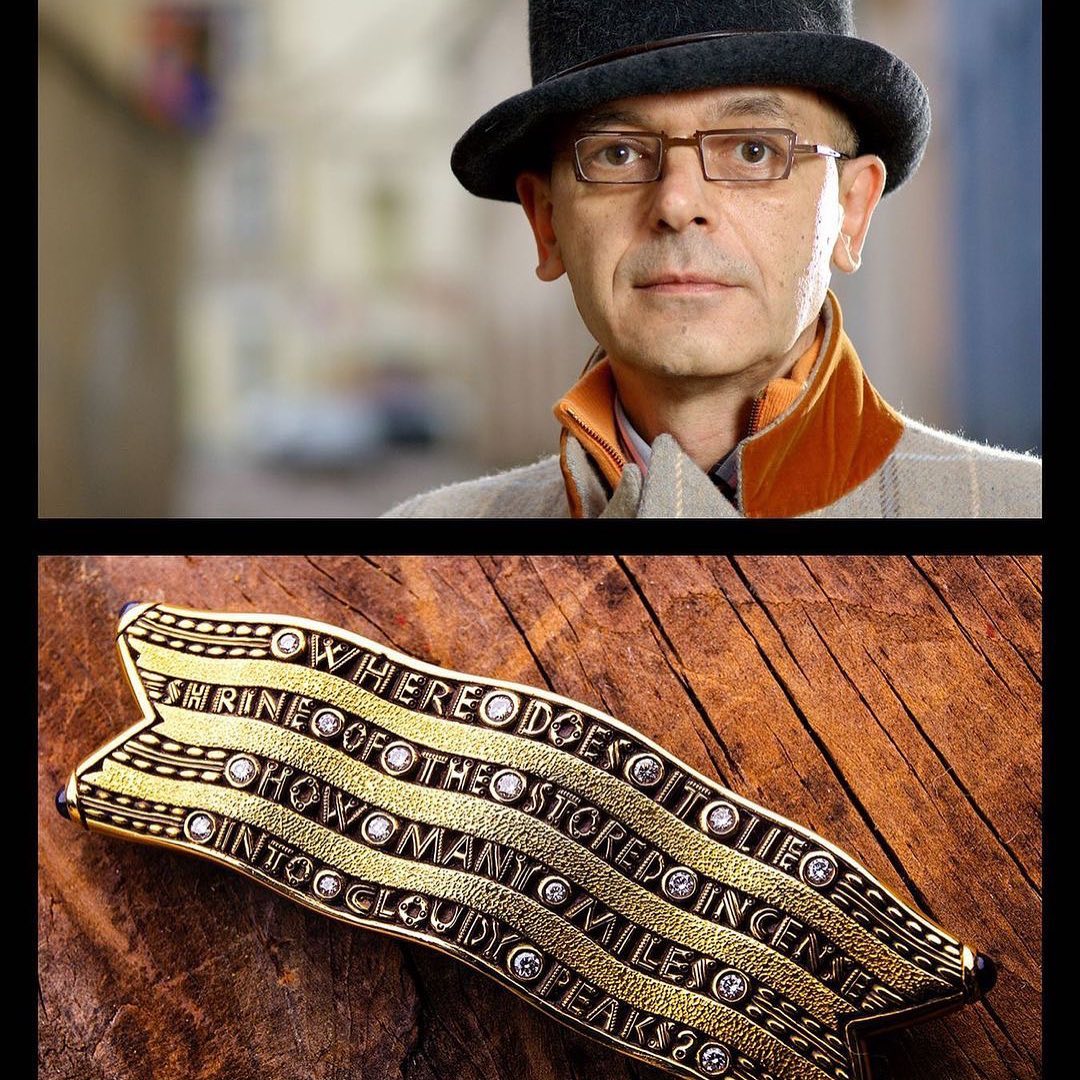 photo of Alex Sepkus above. Below is a photo of a gold brooch