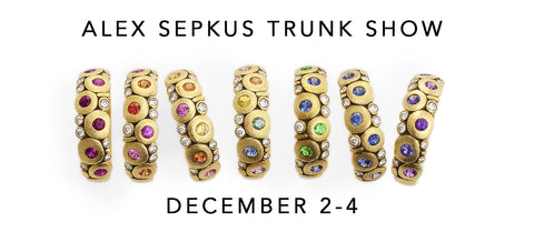 7 yellow gold multicolor and diamond rings with the words "Alex Sepkus trunk show December 2-4"