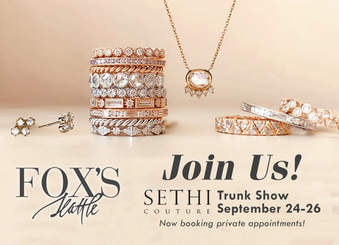 Sethi Couture Trunk Show postcard. Come join us September 24-26, 2020 to see the collection.