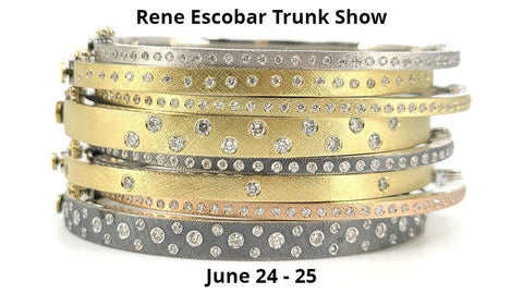 Black writing saying "Rene Escobar Trunk Show June 24-25" with stack of yellow white and rose gold bangles with different patters of diamonds. 