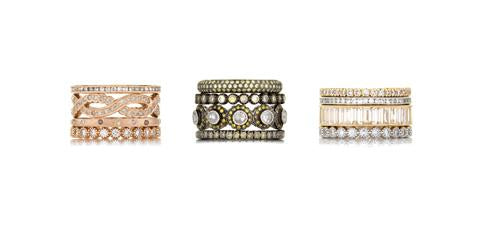 three stacks of wedding rings. First stack is rose gold and white diamonds, middle stack is black rhodium 18k white gold and multicolored diamonds, and the last stack is a mix of white and yellow gold rings with round and baguette cut diamonds