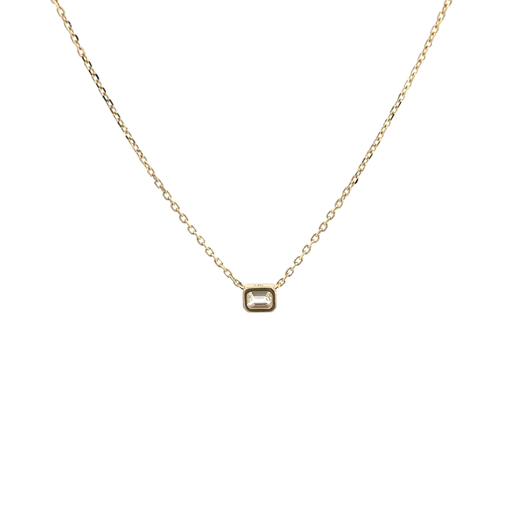 back side of  14k yellow gold emerald cut bezel set diamond pendant necklace