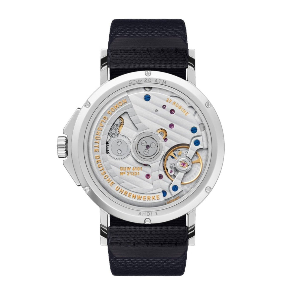 Nomos Ahoi Neomatik Sky Ref. 526 back side, exhibition back showing the movements within the watch.