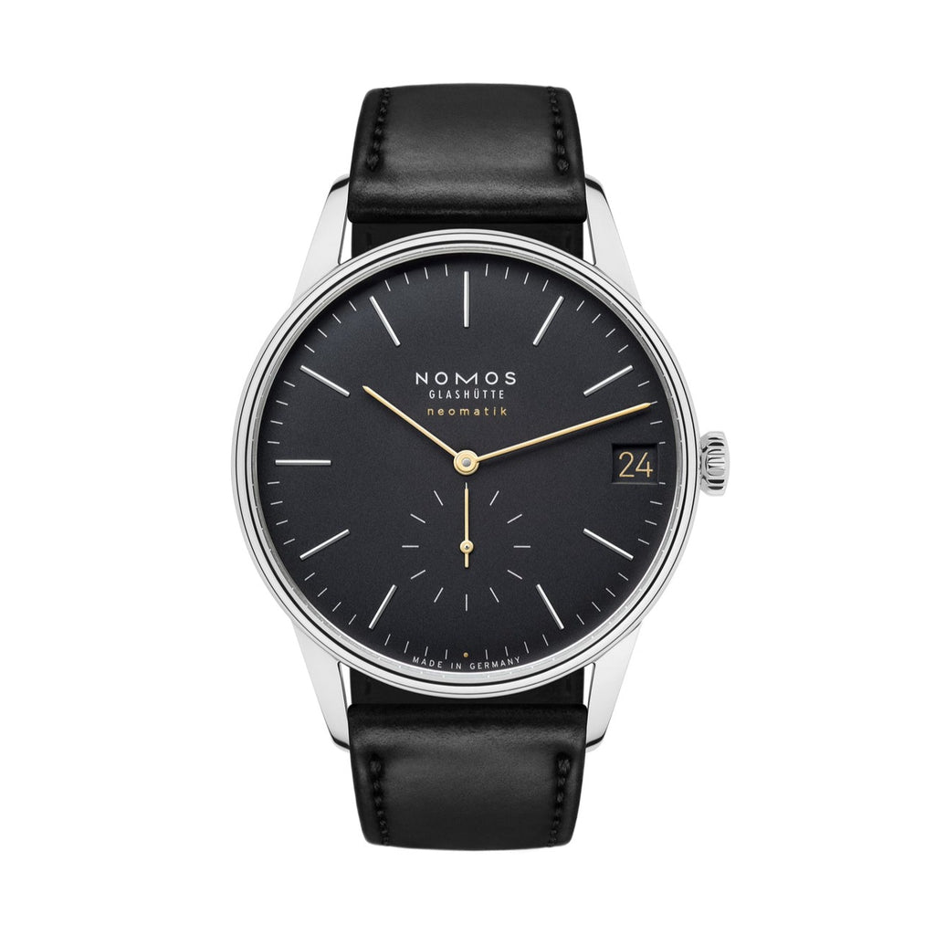 Nomos Orion Neomatik 41 Datum New Black Sapphire Back Ref. 366, front side of watch