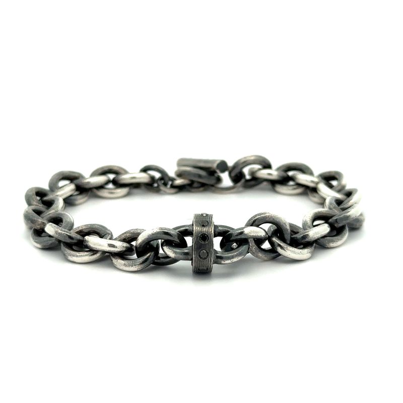 Rene Escobar sterling silver "Andrea" chain link bracelet featuring black diamonds