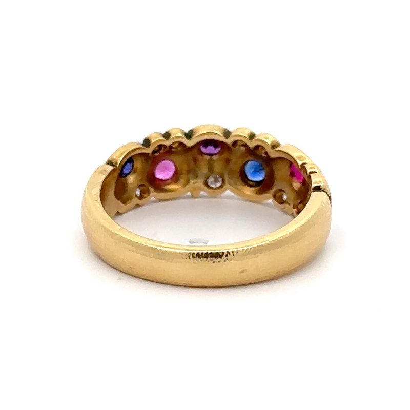 Alex Sepkus Diamond and Sapphire Vivid Mix Candy Ring. Gold ring with round gemstones and small diamonds with gold rims.