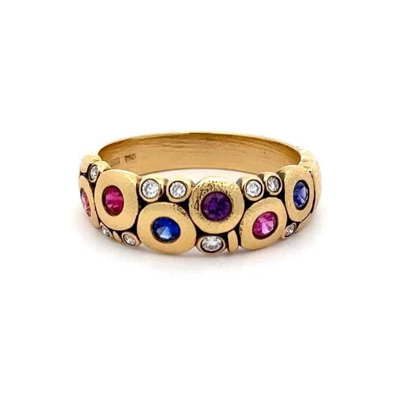 Alex Sepkus Diamond and Sapphire Vivid Mix Candy Ring. Gold ring with round gemstones and small diamonds with gold rims.