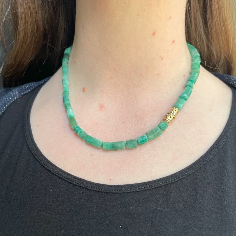 Alex Sepkus Vario Emerald Bead Strand with 18K Yellow Gold "Little Windows" Vario Clasp on neck