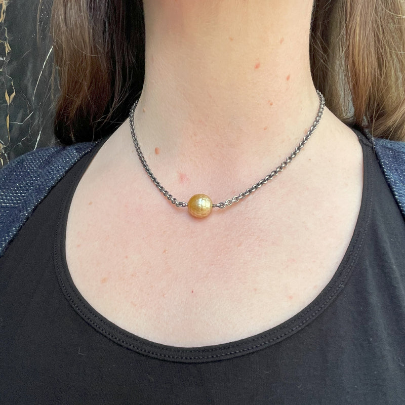 Alex Sepkus Vario Sterling Silver Chain - 3.8MM, on neck with pearl vario clasp