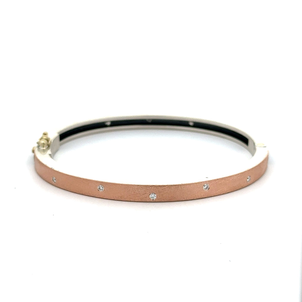 Rene Escobar 18K rose gold "carol" bangle bracelets with diamonds throughout and a silver backside