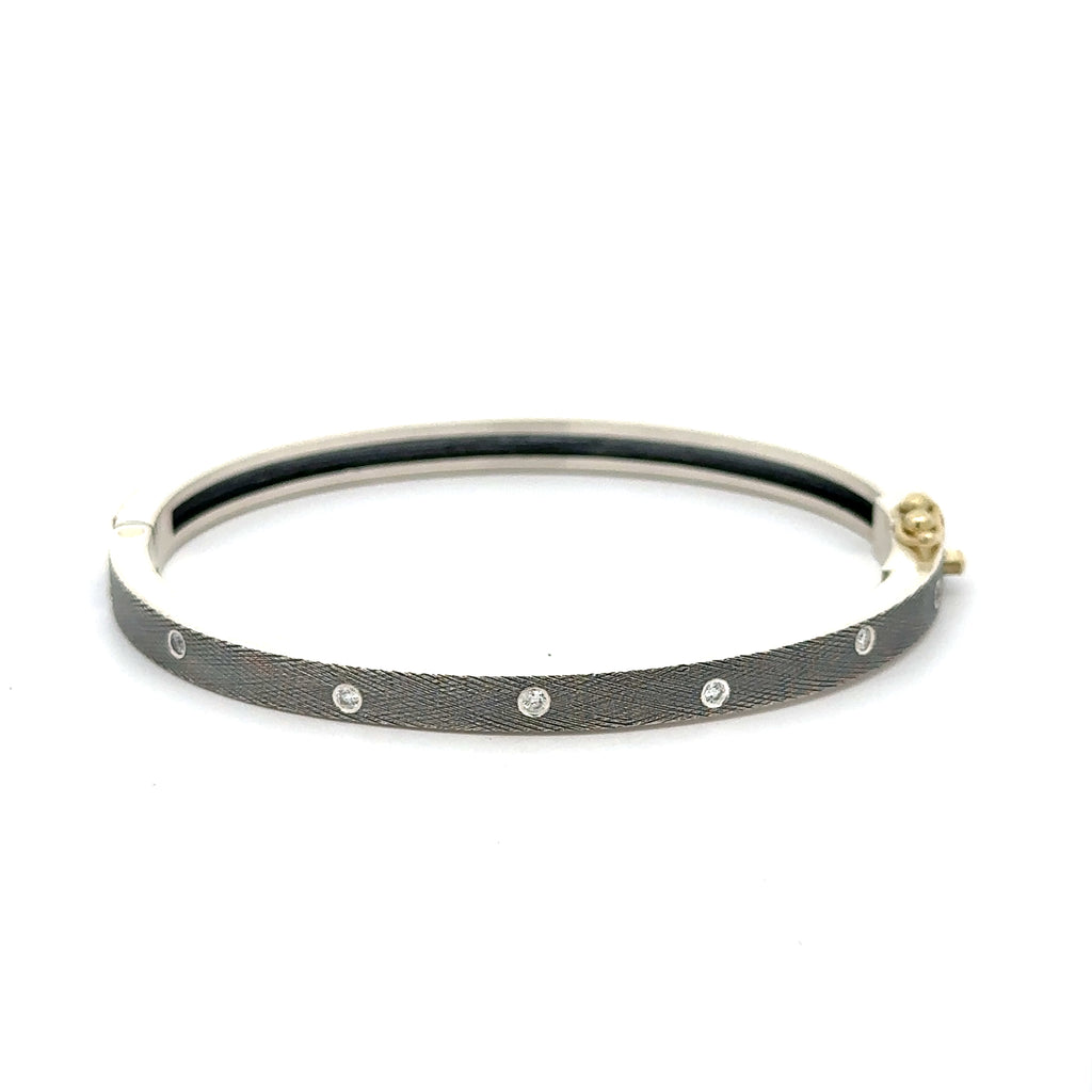 Rene Escobar 18K rose gold "carol" bangle bracelets with diamonds throughout and a silver backside