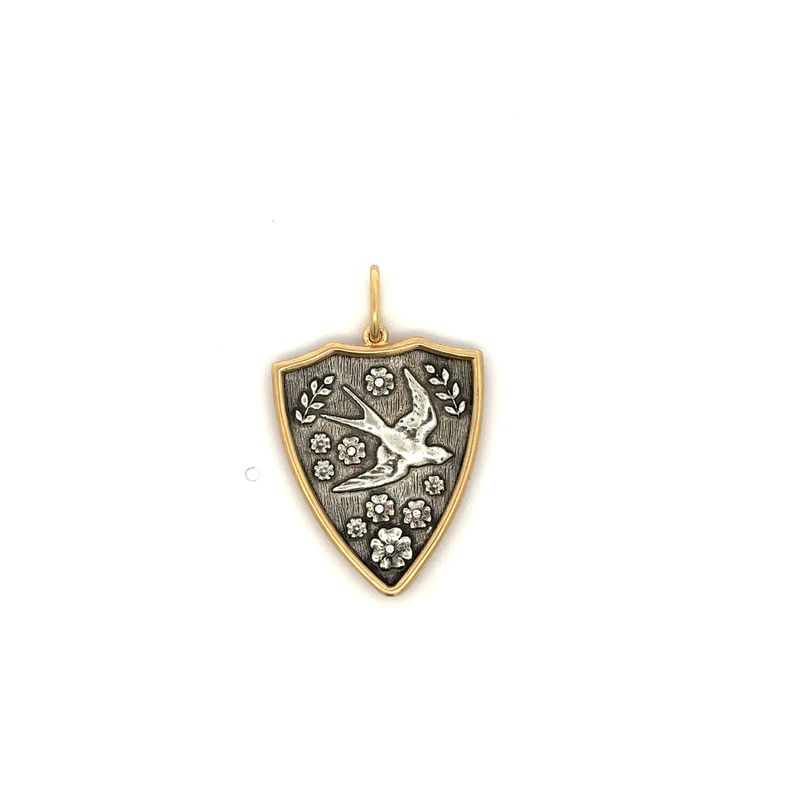Erica Molinari 18k yellow gold and sterling silver shield shape charm with sparrow and flowers