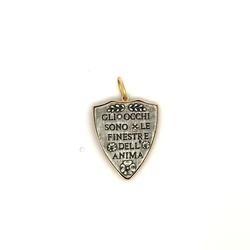 Erica molinari shield shape charm in 18k yellow and sterling silver "Gli occhi sono le finestre dell anima" inscribed with flowers