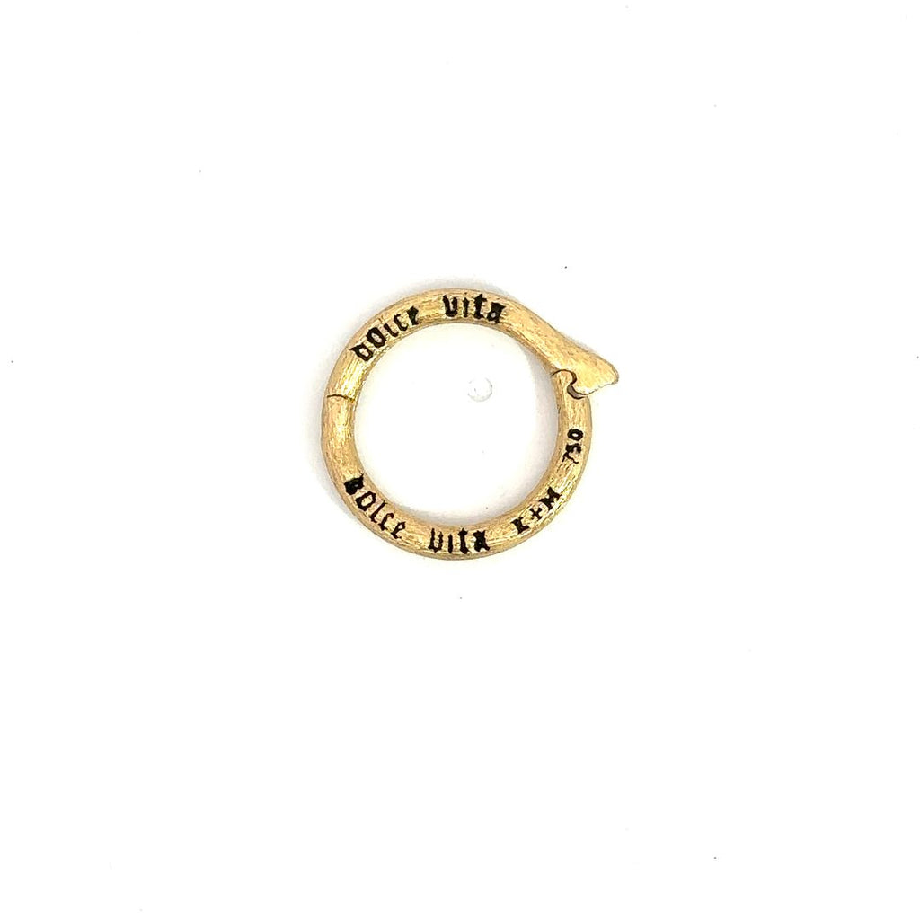 Erica Molinari 18K yellow gold large round champagne diamond charm holder named "sweet life" back side with "dolce vita" inscribed on the back.
