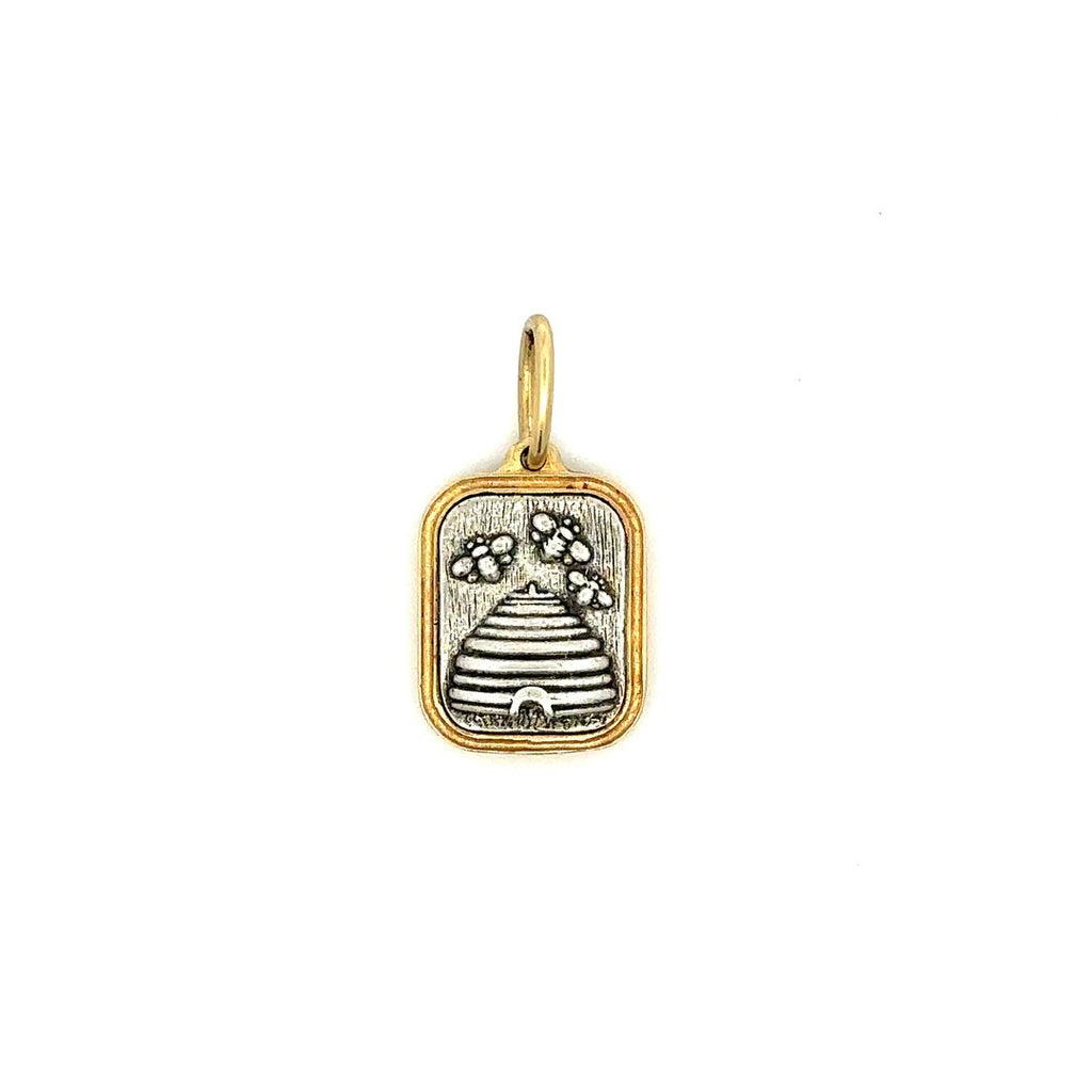 Erica Molinari sterling silver with 18k yellow gold rim rectangle charm with beehive on the back and tiny bees flying above the beehive