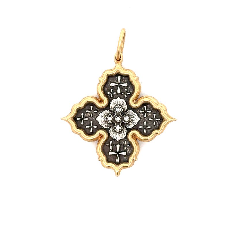 Erica Molinari sterling silver and 18k gold diamond 4 point ornate charm with cross details and five small round diamonds in the center. The edge is rimmed with gold.
