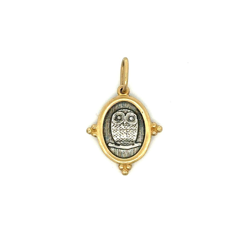 Erica Molinari sterling silver with 18k gold rim charm with baby owl on front
