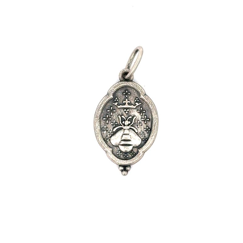 Erica Molinari C334C Sterling Silver Small Charm that features a bee with a crown above it on one side, and "carpe diem" inscribed on the other side, meaning "seize the day"