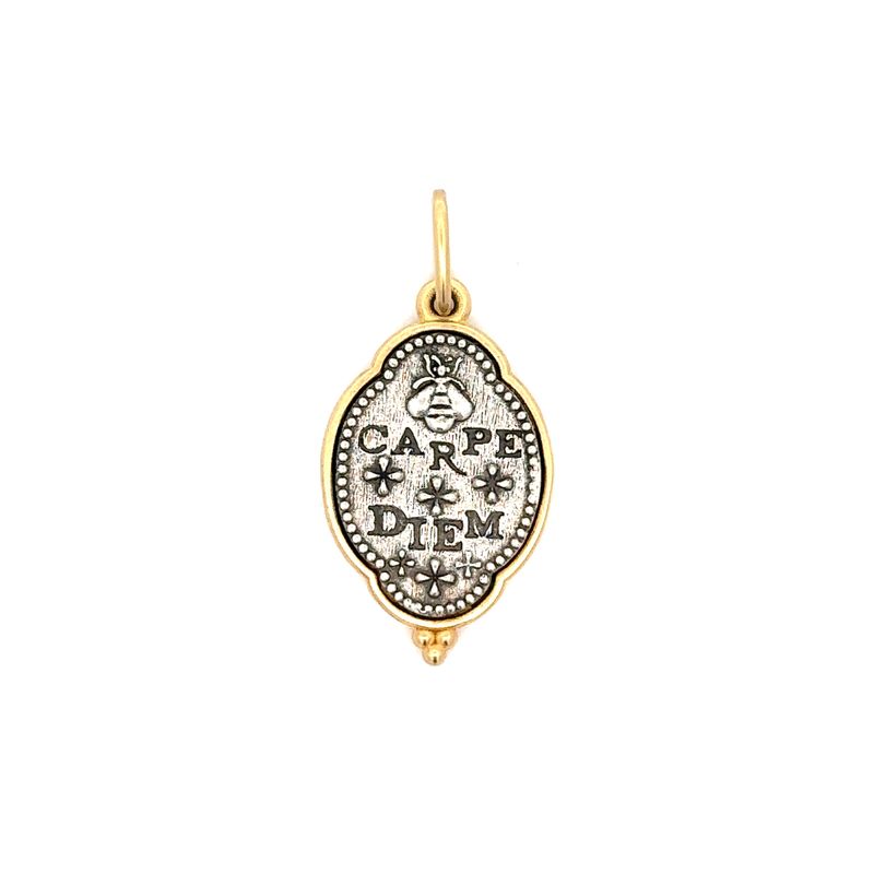 Erica Molinari C334C Sterling Silver and 18K Yellow Gold Rimmed Small Charm that features a bee with a crown above it on one side, and "carpe diem" inscribed on the other side, meaning "seize the day." Back view has small bee above "carpe" and little flowers across the back.