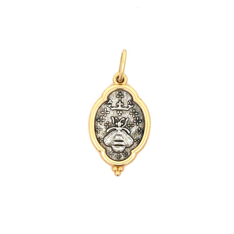 Erica Molinari C334C Sterling Silver and 18K Yellow Gold Rimmed Small Charm that features a bee with a crown above it on one side, and "carpe diem" inscribed on the other side, meaning "seize the day"