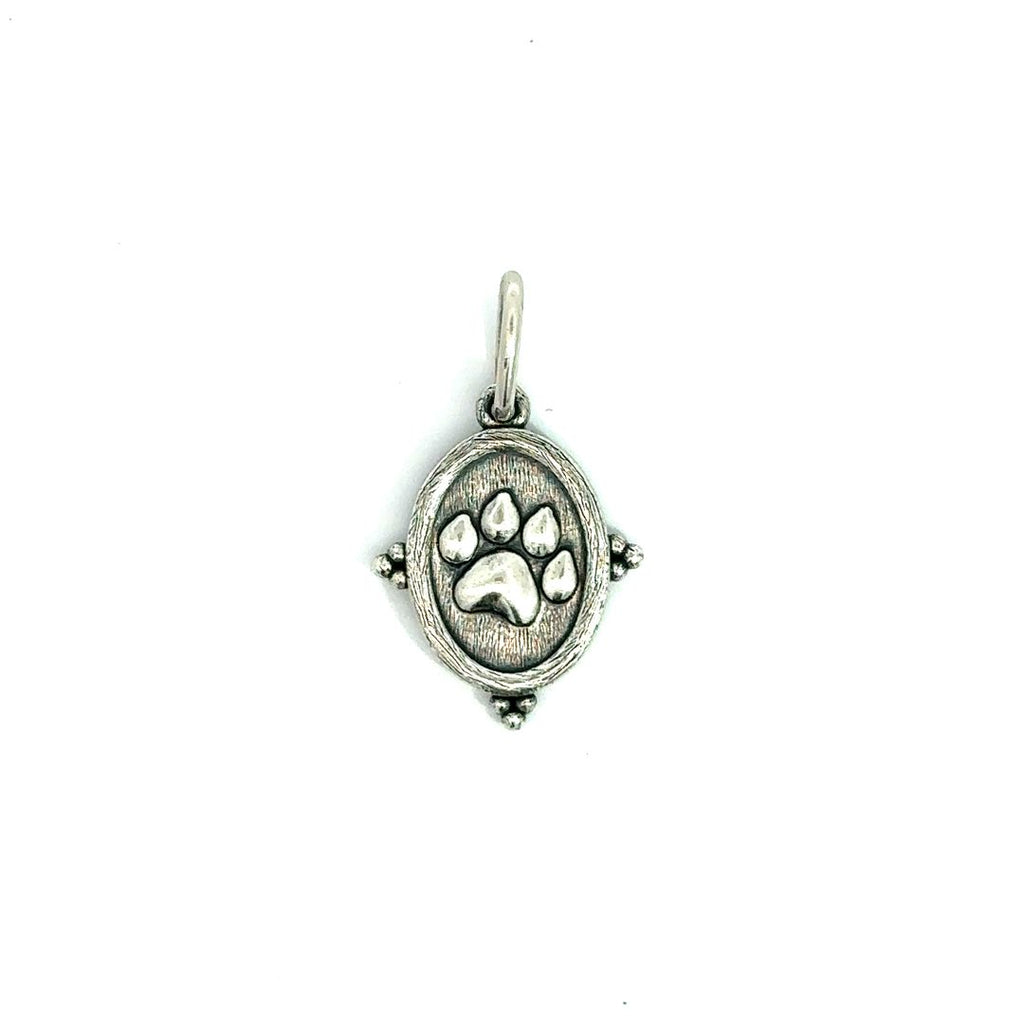 Erica Molinari oxidized sterling silver double sided small charm with a kitty paw on one side and "amore" inscribed on the other side.