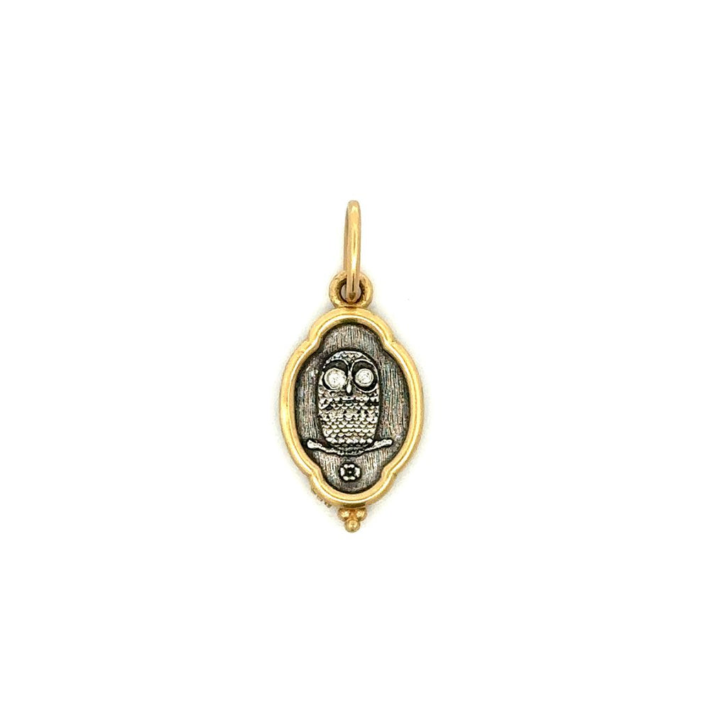 Erica Molinari sterling silver and 18k yellow gold baby owl charm front side with two diamond eyes