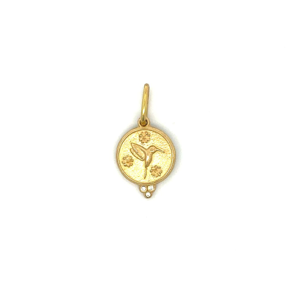 Erica Molinari 14k yellow gold small round hummingbird charm with three brilliant diamonds at the base